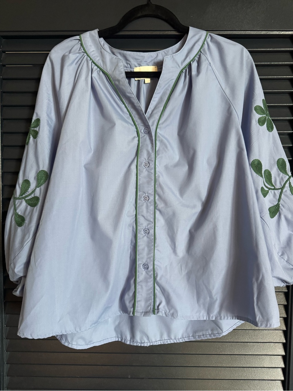 Entro Embroidered Boho Blouse | Size M | Light Blue + Green